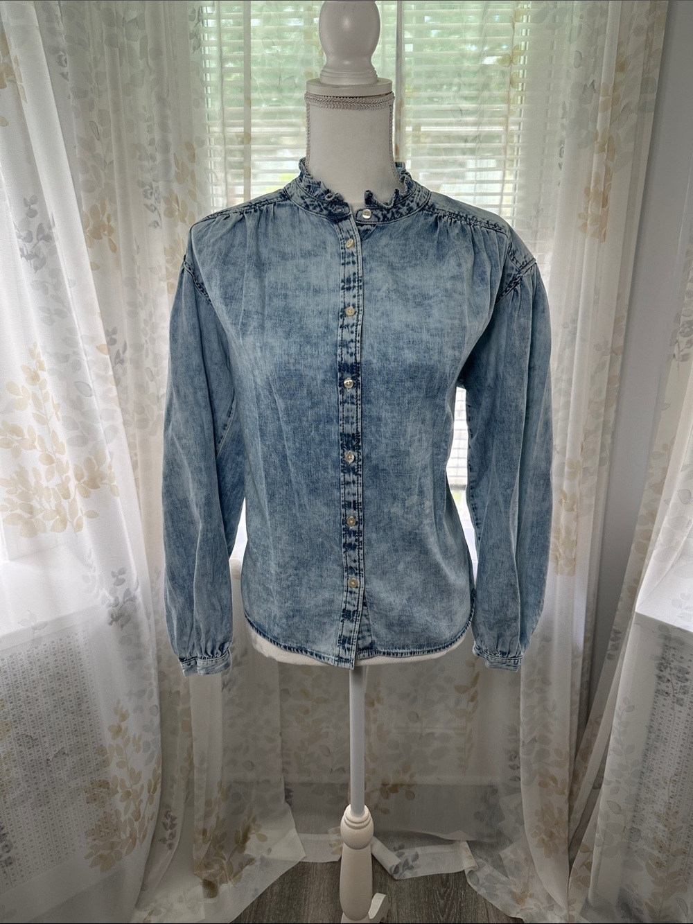 GAP Light Wash Denim Button-Down with Ruffle Collar